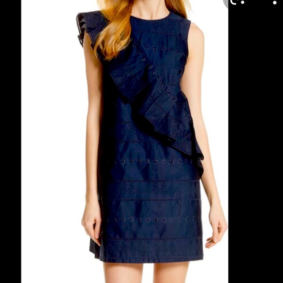 Ted Baker Embroidered Ruffle Stretch Cotton Shift Dress - Picture 1 of 5